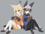  2girls animal_ears artist_request black_gloves black_legwear blonde_hair blush book bow bowtie brown_eyes brown_gloves commentary_request ezo_red_fox_(kemono_friends) fox_ears fox_tail fur_trim gloves hair_between_eyes handheld_game_console highres jacket kemono_friends loafers long_hair multicolored_hair multiple_girls pantyhose playing_games pleated_skirt reading shoes silver_fox_(kemono_friends) silver_hair skirt smile tail 