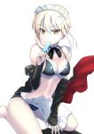  1girl apron artoria_pendragon_(all) artoria_pendragon_(swimsuit_rider_alter)_(fate) bare_shoulders bikini black_bikini black_legwear blonde_hair breasts commentary_request eating eyebrows_visible_through_hair fate/grand_order fate_(series) food frills highres jacket kneeling looking_at_viewer maid_bikini maid_headdress medium_breasts oyaji-sou pale_skin popsicle saber_alter short_hair simple_background solo swimsuit thigh-highs white_background yellow_eyes 
