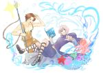  2boys alternate_costume aoi_(xxxaoi) artist_name blush book brown_eyes brown_hair dated fire_emblem fire_emblem_echoes:_mou_hitori_no_eiyuuou fire_emblem_heroes kliff_(fire_emblem) male_focus multiple_boys octopus open_mouth polearm sandals shell simple_background sparkle star tobin_(fire_emblem) trident water weapon white_background white_hair 