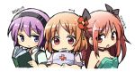  00tea 3girls bare_shoulders blue_eyes blush book brown_hair character_name chibi fukai_ni_nemuru_oujo_no_abaddon hino_yachika long_hair looking_at_viewer mizuishi_rikana multiple_girls purple_hair red_eyes redhead short_hair simple_background smile suzumori_mia white_background 