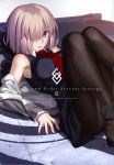  1girl absurdres black_dress black_legwear copyright_name dress eyebrows_visible_through_hair fate/grand_order fate_(series) hair_over_one_eye highres looking_at_viewer lying necktie on_back open_mouth pantyhose red_necktie shielder_(fate/grand_order) short_dress short_hair silver_hair sleeveless sleeveless_dress solo takeuchi_takashi unzipped violet_eyes 