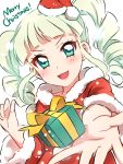  &gt;:d 1girl :d aikatsu! aikatsu_stars! aqua_eyes bangs blunt_bangs blush christmas commentary_request drill_hair fang gift hat highres looking_at_viewer merry_christmas mini_hat open_mouth santa_costume santa_hat sekina short_sleeves simple_background smile solo toudou_yurika twin_drills white_background white_hair 