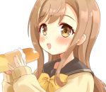 1girl baguette blush bow bread brown_eyes brown_hair eyebrows_visible_through_hair food holding holding_food kunikida_hanamaru long_hair looking_at_viewer love_live! love_live!_sunshine!! open_mouth ringo_(nanaprin) solo sweat upper_body yellow_bow 