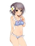  1girl bikini black_eyes embarrassed finger_to_mouth flower frilled_bikini frills grey_hair hair_flower hair_ornament highres idolmaster idolmaster_cinderella_girls looking_at_viewer nao_(nconco-line) navel otokura_yuuki ribbon-trimmed_bikini short_hair solo swimsuit 