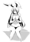  1girl animal_ears bangs blush breasts cleavage collarbone cropped_legs fingers_together greyscale knees_together_feet_apart large_breasts lefthand long_hair looking_at_viewer monochrome navel rabbit_ears reisen_udongein_inaba simple_background sitting solo sweatdrop touhou white_background 