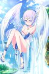  1girl angel_wings blush braid breasts cleavage closed_mouth collarbone day highres large_breasts long_hair looking_away loup original outdoors purple_hair solo sparkle violet_eyes wings 