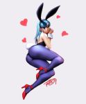  1girl animal_ears ass bare_shoulders blue_eyes blue_hair bulma bunny_ears bunny_tail bunnysuit detached_collar dragon_ball fake_animal_ears fake_tail footwear heart high_heels highres long_hair looking_at_viewer pantyhose robert_porter signature smile solo tail wrist_cuffs 