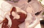  1girl absurdres alicia_(granblue_fantasy) book breasts cait cleavage closed_eyes gloves granblue_fantasy grey_hair highres horns huge_filesize long_hair patreon_reward pointy_ears sleeping white_gloves 