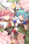  2girls ;&lt; animal_ears armband bangs blue_hair breasts cherry_blossoms chiester410 chiester45 chiester_sisters fang flower gloves grass hair_flower hair_ornament highres kamaboko_red long_hair looking_at_another multiple_girls one_eye_closed pink_hair rabbit_ears red_eyes short_hair showgirl_skirt sleepy thigh-highs twintails umineko_no_naku_koro_ni 