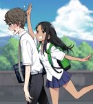  1boy 1girl 774_(nanashi) :d backpack bag belt black_hair black_pants blue_skirt blue_sky blurry blurry_background blush breasts brown_eyes brown_hair clouds cloudy_sky commentary_request dark_skin day dress_shirt from_side glasses hair_ornament hairclip hand_up heavy_breathing long_hair medium_breasts nagatoro open_mouth original outdoors pants pleated_skirt profile shirt short_sleeves shoulder_bag skirt sky smile standing standing_on_one_leg sweat walking wavy_mouth white_shirt 
