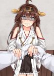  1boy 1girl absurdres admiral_(kantai_collection) ahoge arm_grab bangs black_skirt brown_eyes brown_hair clenched_teeth collarbone cowboy_shot detached_sleeves gloves hairband hand_holding headgear highres jewelry kantai_collection kongou_(kantai_collection) long_hair miniskirt mujakuma nontraditional_miko pleated_skirt ribbon-trimmed_skirt ribbon_trim ring scared skirt solo_focus tears teeth wedding_band white_gloves 