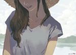  1girl artist_name brown_hair dated grey_shirt hat head_out_of_frame highres lips long_hair open_mouth original parted_lips shirt signature smile solo straw_hat sun_hat t-shirt upper_body zennosuke 