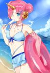  1girl beach berserker_of_black bikini blue_bikini blue_eyes blue_sky chiune_(yachi) commentary day detached_sleeves double_bun fate/apocrypha fate/grand_order fate_(series) frankenstein&#039;s_monster_(swimsuit_saber)_(fate) hair_over_one_eye horn innertube pink_hair sky solo swimsuit 