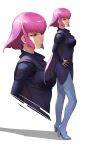  1girl breasts contrapposto cropped_torso enami_katsumi gundam haman_karn hands_on_hips high_heels medium_breasts purple_hair short_hair solo violet_eyes white_background zoom_layer 