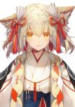  1girl animal_ears closed_mouth eyebrows_visible_through_hair hair_between_eyes hair_ornament highres japanese_clothes kimono lbush looking_at_viewer original saihate_(d3) sash silver_hair simple_background smile solo upper_body white_background white_kimono yellow_eyes 