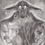  3boys armor ashimashiki commentary_request facial_hair from_side frown glowing glowing_eyes grahf greyscale hairband helmet id khan_wong long_hair looking_at_viewer monochrome multiple_boys mustache xenogears 