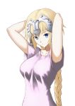  1girl arms_up blonde_hair blue_eyes blush braid breasts closed_mouth collarbone eyebrows_visible_through_hair fate/grand_order fate_(series) headpiece highres jilu large_breasts long_hair looking_at_viewer ruler_(fate/apocrypha) short_sleeves smile solo upper_body 