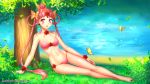  1girl :o amazons_quartet bare_shoulders bikini bishoujo_senshi_sailor_moon blush bow bracelet breasts breasts_apart burbur butterfly cerecere_(sailor_moon) choker day grass hair_bun hair_ribbon hair_rings jewelry long_hair looking_at_viewer nature open_mouth outdoors pink_bikini pink_eyes pink_hair red_eyes ribbon scenery sitting small_breasts solo swimsuit tree twintails under_tree water yellow_bow 