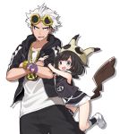  1boy 1girl :d absurdres arm_tattoo baggy_pants black_hair blush chain_necklace chains cosplay crossed_arms eyebrows gold_chain grey_eyes guzma_(pokemon) highres holding_arm looking_at_viewer mimikyu mimikyu_(cosplay) mizuki_(pokemon_sm) open_mouth orqz pants pokemon pokemon_(game) pokemon_sm shirt short_hair short_shorts short_sleeves shorts simple_background sleeveless sleeveless_shirt smile sunglasses sunglasses_on_head tattoo team_skull team_skull_(cosplay) track_pants watch white_background white_hair white_shirt 