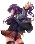  1girl black_sweater breasts impossible_clothes impossible_sweater jacket jon_shicchiou large_breasts long_hair looking_at_viewer looking_back malariya miniskirt open_clothes open_jacket pleated_skirt purple_hair quiz_magic_academy ribbed_sweater skirt sleeves_past_wrists solo sweater thigh-highs turtleneck turtleneck_sweater violet_eyes white_background wind zettai_ryouiki 