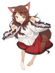  1girl :d animal_ears barefoot blush brooch brown_hair dress fang full_body highres imaizumi_kagerou jewelry leaning_forward long_hair long_sleeves looking_at_viewer open_mouth paw_pose red_eyes shone simple_background smile solo tail touhou white_background wide_sleeves wolf_ears wolf_tail 