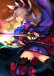  1girl bare_shoulders blue_eyes center_opening dual_wielding earrings fate/grand_order fate_(series) glowing grey_hair hair_ornament high_heels highres jewelry karlwolf katana long_sleeves looking_at_viewer miyamoto_musashi_(fate/grand_order) ponytail skirt smile solo sunset sword thigh-highs weapon 