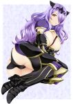  1girl armor armored_boots ashita_yaru ass between_breasts black_panties boots breasts butt_crack camilla_(fire_emblem_if) cleavage commentary_request fire_emblem fire_emblem_if full_body large_breasts leaning_to_the_side long_hair open_mouth outside_border panties purple_hair red_eyes sitting solo tiara underwear wavy_hair 