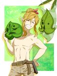  1boy abs blonde_hair blush closed_eyes earrings english highres jewelry link long_hair mask pointy_ears saiba_(henrietta) smile solo the_legend_of_zelda the_legend_of_zelda:_breath_of_the_wild 