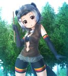  1girl american_beaver_(kemono_friends) beaver_ears beaver_tail black_gloves blush breasts brown_eyes cleavage elbow_gloves forest gloves grey_hair kakutasu_(akihiron_cactus) kemono_friends large_breasts looking_at_viewer multicolored_hair nature navel outdoors parted_lips solo stick tree white_hair 