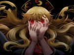  1girl bangs black_background black_dress black_hat blonde_hair crazy_eyes crescent dress furyou hands_on_own_face hat junko_(touhou) long_hair long_sleeves red_eyes ribbon simple_background solo tabard touhou twitter_username upper_body wavy_hair yellow_ribbon 