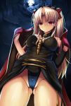  1girl bangs bare_shoulders black_dress blonde_hair bow breasts cape closed_mouth clouds cloudy_sky detached_collar dress earrings ereshkigal_(fate/grand_order) eyebrows_visible_through_hair fate/grand_order fate_(series) from_below full_moon gradient_eyes hair_over_breasts holding_cape jewelry kanogi long_hair long_sleeves looking_at_viewer medium_breasts moon multicolored multicolored_eyes night night_sky orange_eyes parted_bangs red_bow red_cape red_eyes shiny shiny_skin sky smile solo spine standing tiara tohsaka_rin twintails underwear upper_body 