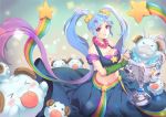  1girl blue_hair blush breasts cleavage closed_mouth collarbone dakun hair_ornament hairclip jewelry large_breasts league_of_legends long_hair looking_at_viewer navel necklace smile solo sona_buvelle star star_hair_ornament twintails violet_eyes 