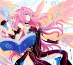  archangel_metatron_(p&amp;d) armpits blue_eyes breasts bridal_gauntlets cleavage detached_sleeves fengya large_breasts long_hair looking_at_viewer magic_circle pink_hair puzzle_&amp;_dragons quill smile spell thighs wingssmirk 