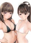  2girls anegasaki_nene bikini black_bikini black_hair blush breasts brown_eyes brown_hair long_hair love_plus medium_breasts mole mole_under_eye multiple_girls nannacy7 navel ponytail revision simple_background swimsuit takane_manaka white_background white_bikini 