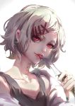 1boy absurdres blood eyelashes face hair_ornament hairclip highres knife licking lips looking_at_viewer male_focus neck piercing red_eyes short_hair solo stitches suzuya_juuzou tank_top tokyo_ghoul tokyo_ghoul:re tongue tongue_out white_hair yuiko_(yuiko33miao) 