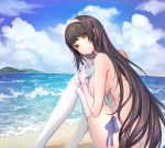  1girl absurdres ass beach black_hair blush breasts brown_eyes closed_mouth eyebrows_visible_through_hair girls_frontline gloves heart heart_hands highres large_breasts long_hair looking_at_viewer papupu qbz-95_(girls_frontline) sideboob smile solo swimsuit thigh-highs white_gloves white_legwear 