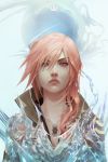  1girl asymmetrical_hair blue_eyes breasts chest_tattoo cleavage collarbone crystal final_fantasy final_fantasy_xiii highres lightning_farron looking_at_viewer nikusenpai pink_hair popped_collar serious solo tattoo 
