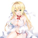  1girl absurdres ahoge bare_shoulders blonde_hair breasts dress fate/grand_order fate_(series) green_eyes hair_intakes highres kanora long_hair looking_at_viewer medium_breasts midriff navel nero_claudius_(swimsuit_caster)_(fate) round_teeth smile solo teeth thighs white_dress 