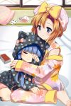  2girls animal_hood bangs barefoot blue_eyes blue_hair blunt_bangs bow card cat_hood checkered child closed_eyes floral_print friends furude_rika futon hat higurashi_no_naku_koro_ni hood hug kamaboko_red long_hair long_sleeves multiple_girls orange_hair pajamas pillow playing_card polka_dot ryuuguu_rena short_hair shorts sleepover sleepy smile tatami 