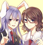  2girls animal_ears brown_eyes brown_hair cellphone crescent crescent_moon_pin fox_shadow_puppet glasses kaede_(mmkeyy) lavender_hair long_hair long_sleeves looking_at_viewer multiple_girls necktie open_mouth outline phone rabbit_ears red-framed_eyewear red_eyes red_necktie reisen_udongein_inaba school_uniform semi-rimless_glasses short_hair simple_background smartphone smile suit_jacket touhou under-rim_glasses upper_body usami_sumireko yellow_background 