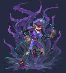  1boy atsuko_(pixiv2232917) brown_gloves brown_hair cleats facial_hair gloves hat male_focus super_mario_bros. mario_strikers_charged mustache open_mouth purple_hat purple_shorts shorts solo standing standing_on_one_leg teeth thorns tongue tongue_out waluigi 