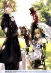 1girl 3boys absurdres artoria_pendragon_(all) blonde_hair braid dress fate/extra fate/grand_order fate/stay_night fate_(series) formal french_braid gawain_(fate/extra) grass hat highres holding_umbrella horse lancelot_(fate/grand_order) long_hair multiple_boys off_shoulder official_art parasol purple_hair redhead saber sitting suit table takarai_rihito top_hat tristan_(fate/grand_order) umbrella white_dress white_umbrella