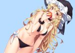  1girl apple blonde_hair cibo_(killy) food fruit kirisame_marisa looking_at_viewer smile solo swimsuit touhou yellow_eyes 