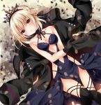  1girl artoria_pendragon_(swimsuit_rider_alter)_(fate) bare_shoulders bikini blonde_hair blush breasts cleavage fate/grand_order fate_(series) gloves hair_braid jacket looking_at_viewer navel navel_cutout nogi_takayoshi open_mouth skirt solo swimsuit thigh-highs tiara yellow_eyes 