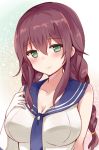  1girl blush braid breasts brown_hair chiune_(yachi) cleavage commentary_request gloves green_eyes hand_on_own_chest kantai_collection long_hair noshiro_(kantai_collection) sailor_collar twin_braids upper_body 