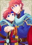  2boys armor blue_eyes cape cosplay durandal_(fire_emblem) eliwood_(fire_emblem) eliwood_(fire_emblem)_(cosplay) fire_emblem fire_emblem:_fuuin_no_tsurugi fire_emblem:_rekka_no_ken fire_emblem_heroes headband highres holding holding_weapon male_focus miyakoji multiple_boys official_art redhead roy_(fire_emblem) short_hair smile solo sword weapon 