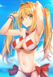  1girl ahoge armpits bead_bracelet beads bikini blonde_hair blue_sky bracelet breasts closed_mouth clouds day eyebrows_visible_through_hair fate/grand_order fate_(series) green_eyes highres jewelry long_hair looking_at_viewer medium_breasts mhong navel nero_claudius_(swimsuit_caster)_(fate) ocean red_bikini saber_extra sky smile solo standing striped striped_bikini swimsuit twintails wet 