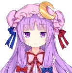  1girl bangs blue_ribbon blunt_bangs blush bow closed_mouth crescent crescent_moon_pin dot_nose dress eyebrows_visible_through_hair hair_ribbon hat long_hair looking_at_viewer mob_cap patchouli_knowledge pink_hat portrait purple_hair red_ribbon ribbon sidelocks smile solo tengxiang_lingnai touhou violet_eyes white_background 