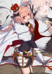  1boy arm_up armor bangs black_legwear blush braid cape eyebrows_visible_through_hair fate/apocrypha fate_(series) faulds from_side fur_trim garter_straps gauntlets hair_between_eyes heart highres horse horseback_riding langya_beike long_hair looking_at_viewer male_focus open_mouth pink_hair rider_of_black riding sidelocks single_braid smile solo thigh-highs trap v violet_eyes zoom_layer 