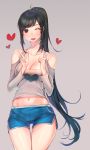  1girl absurdly_long_hair black_hair blush breasts brown_eyes cleavage collarbone dungeon_and_fighter eyebrows_visible_through_hair heart highres index_finger_raised large_breasts long_hair looking_at_viewer navel one_eye_closed open_mouth papupu ponytail short_shorts shorts smile solo very_long_hair 
